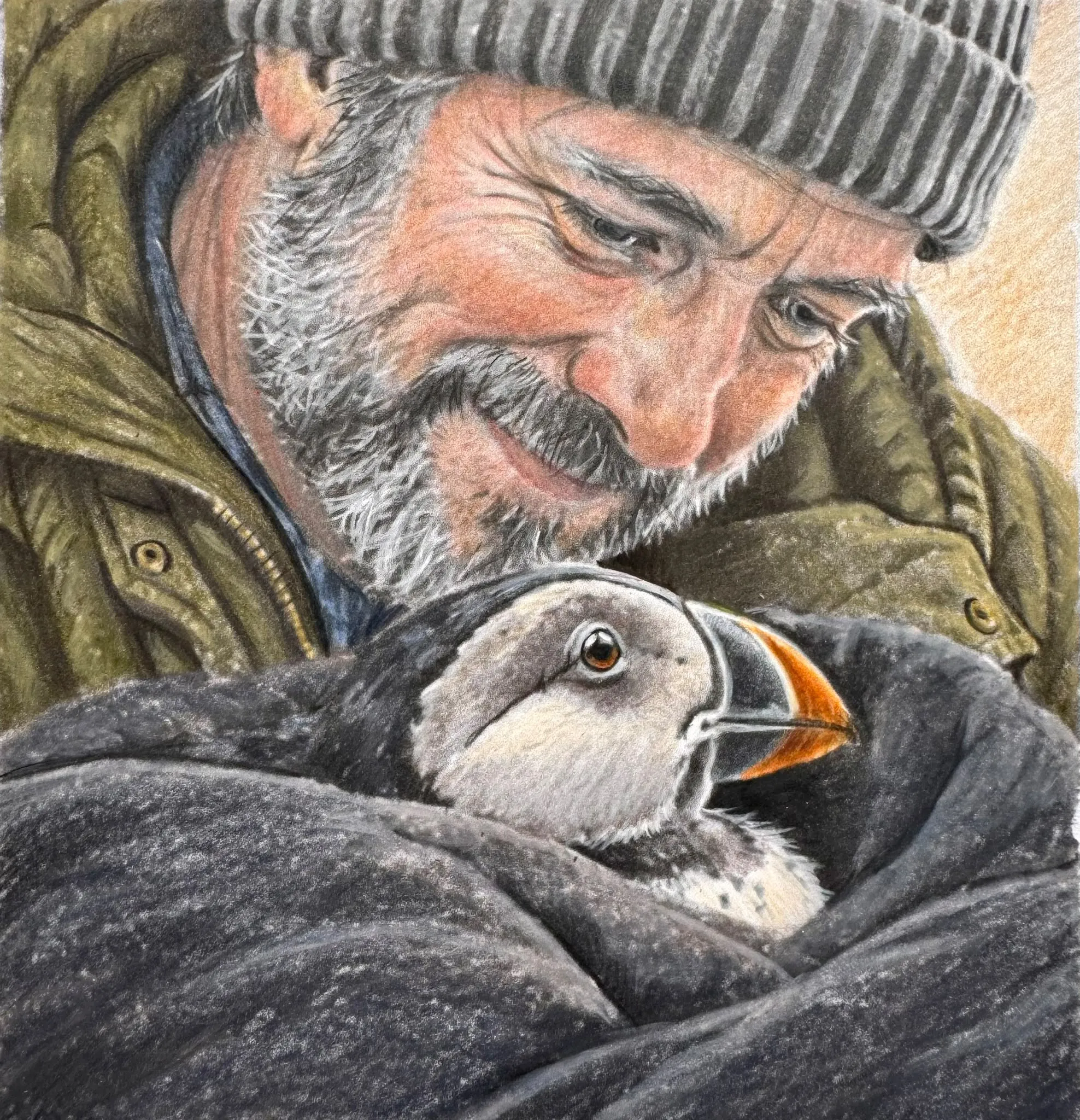 A painted portrait of a bearded man in a woollen hat smiling down at a puffin wrapped snugly in a blanket.